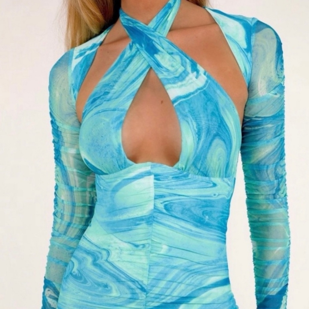 Tiger Mist Stas two-piece dress w shrug in swirls of turquoise, XXS - Picture 3 of 16